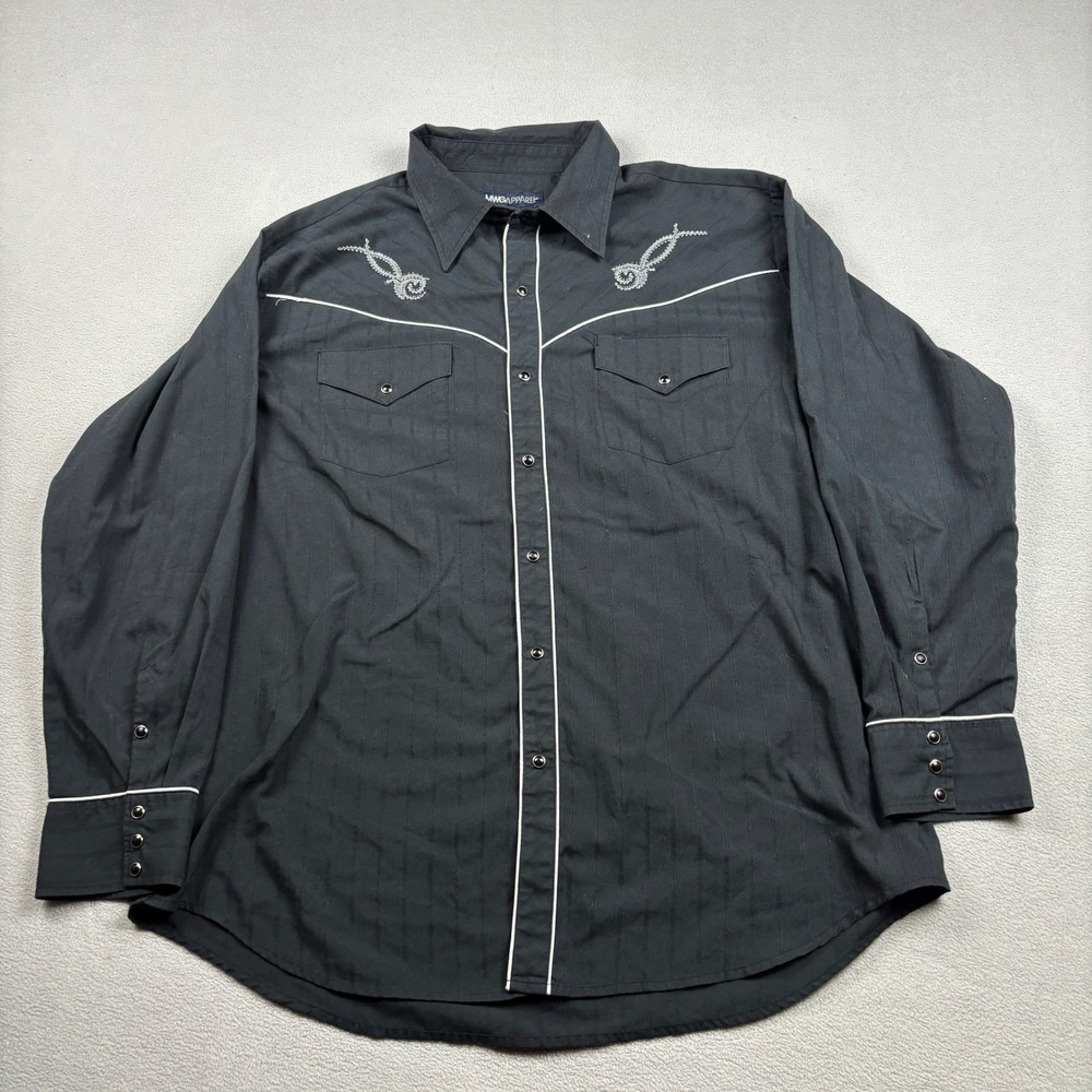 MWG Apparel Mens Black Western Pearl Snap Shirt XL Embroidered Shadow Stripe